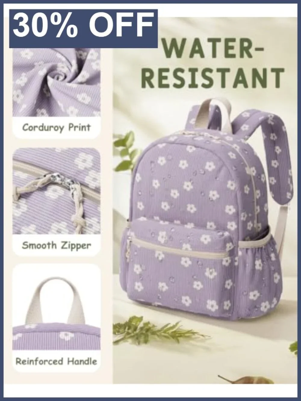 Kids Corduroy Backpack with Floral Print for School, Lightweight Daypack Ages